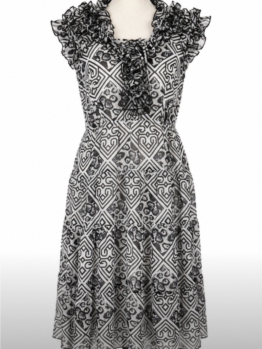 Cottagecore Black White Geometric Ruffle Midi Dress Sleeveless Tiered Flare S